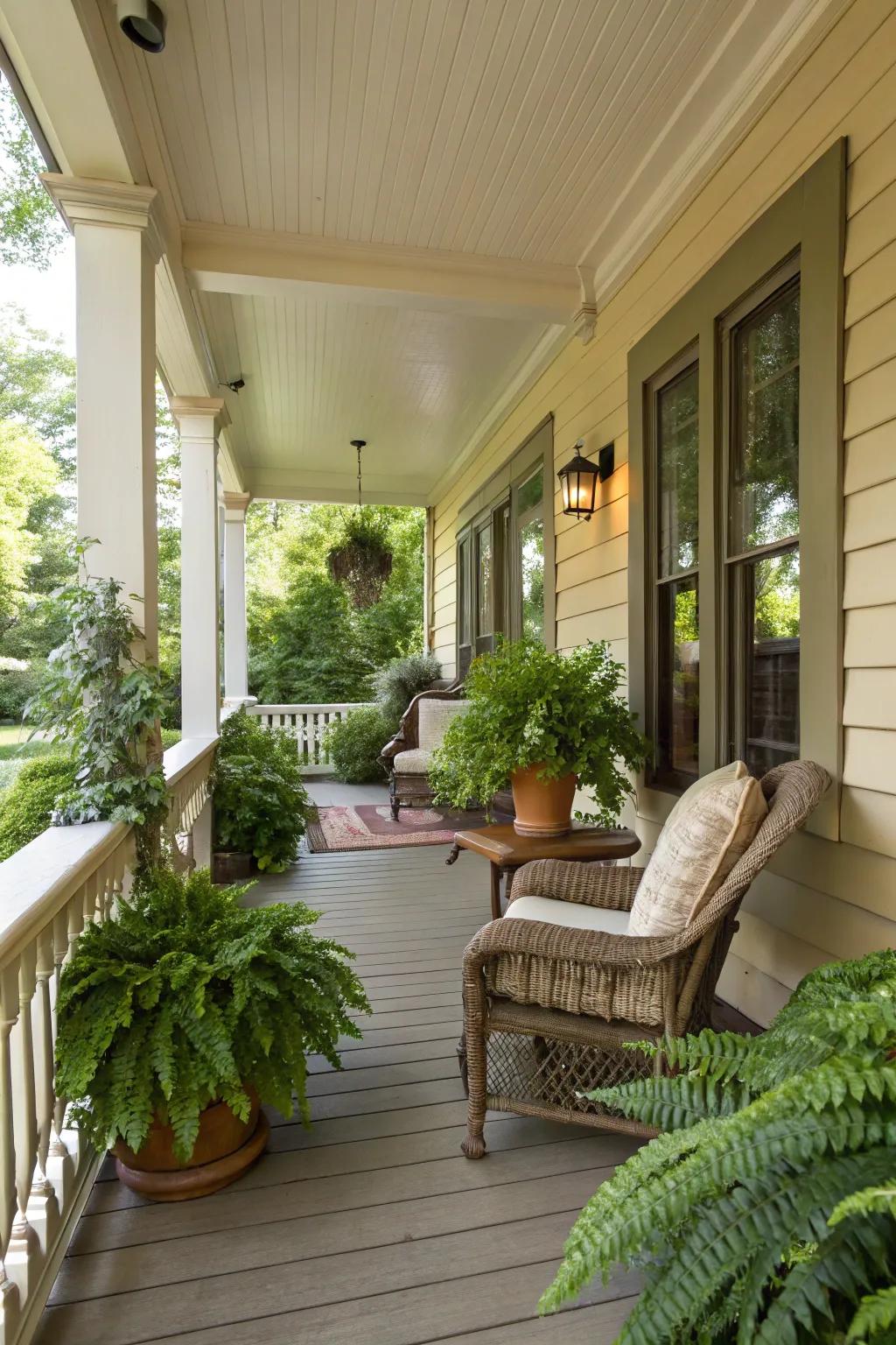 Timeless beige creates a warm and inviting atmosphere on this classic porch.