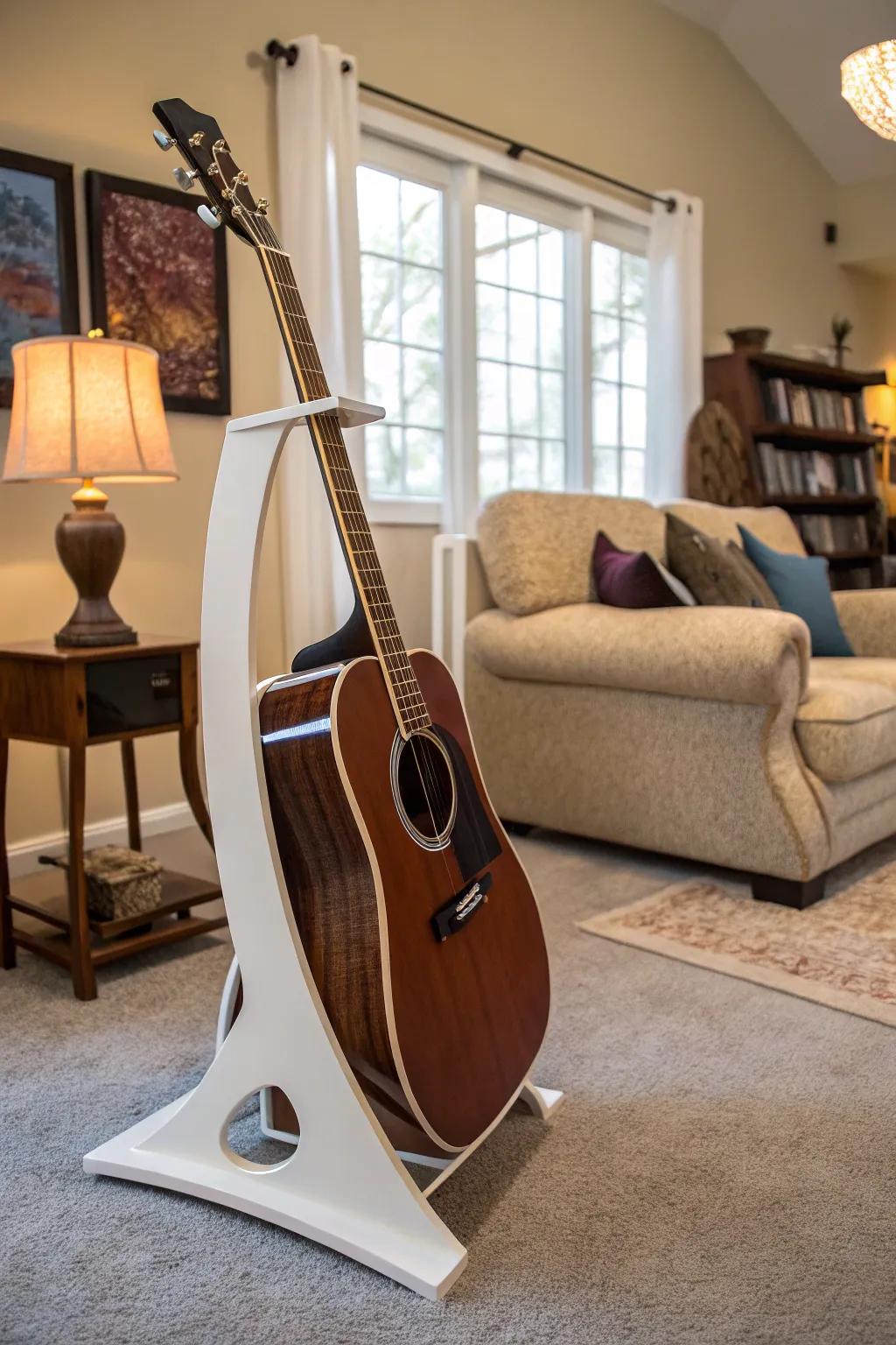 Securely display your guitar with an elegant PVC pipe stand.