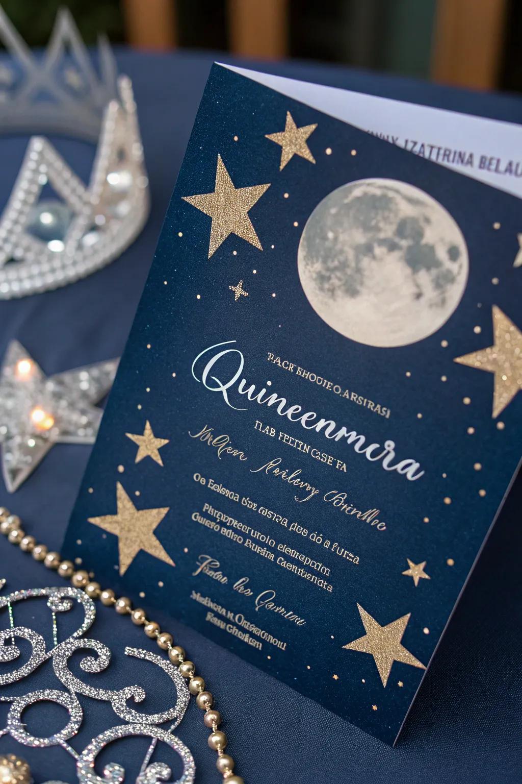 A magical quinceañera invitation with celestial designs