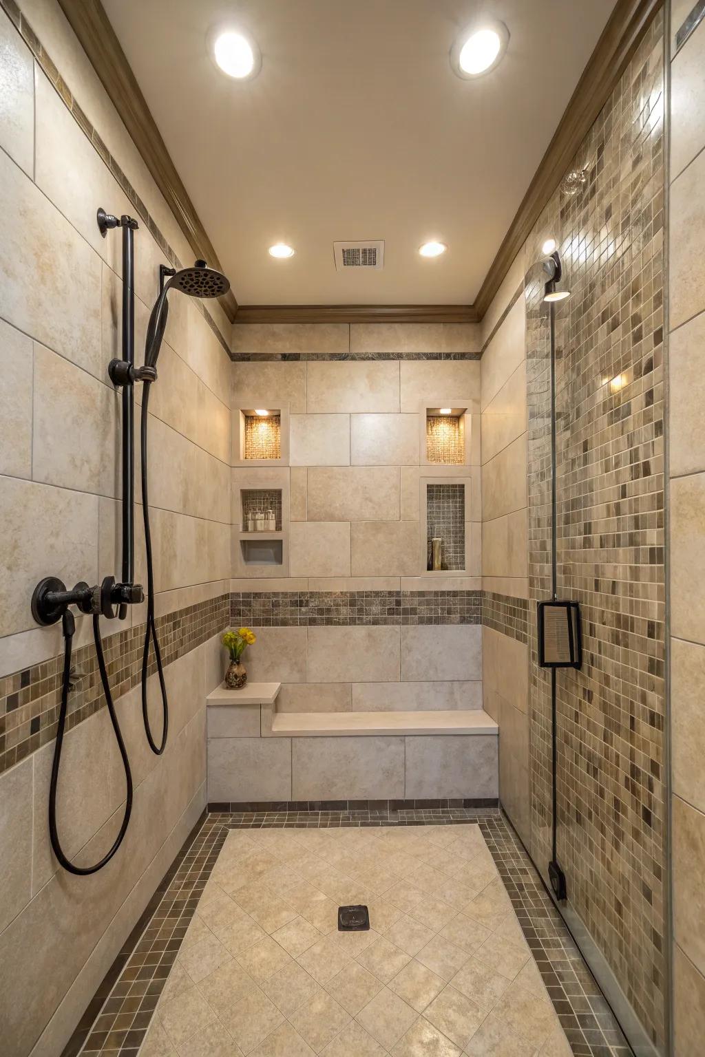 Recessed wall lights showcase tile work beautifully.