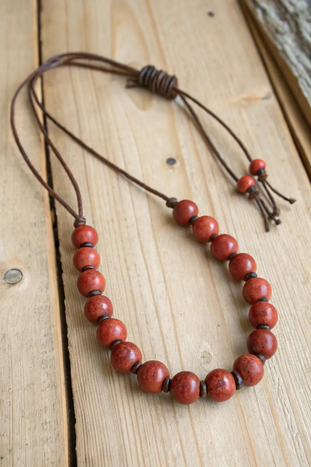 Leather cords add a rustic touch to clay beads.