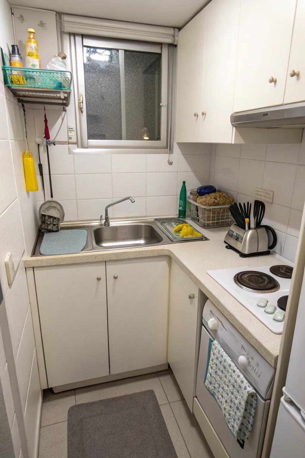 A single bowl sink in a small kitchen maximizes counter space.