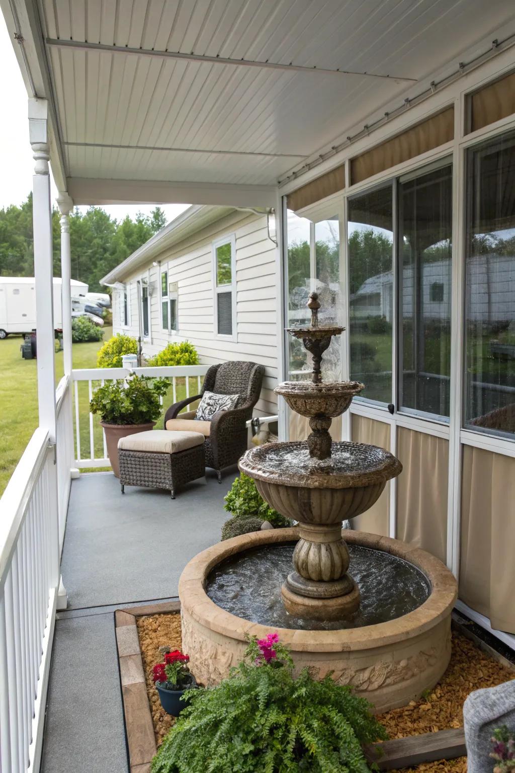 A water fountain adds serenity and a calming soundscape to your porch.