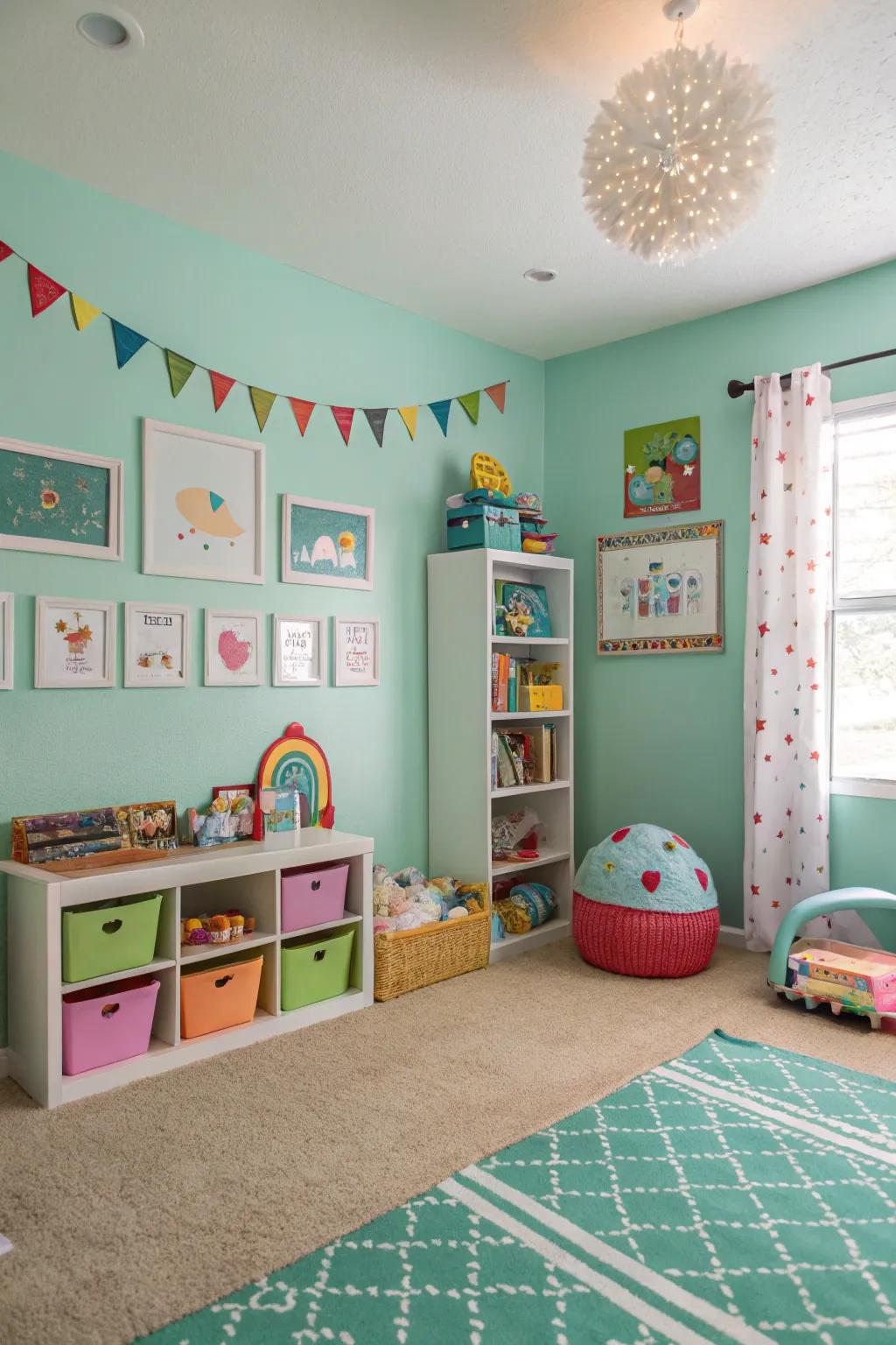 A vibrant and imaginative kid's room with playful seafoam green walls.