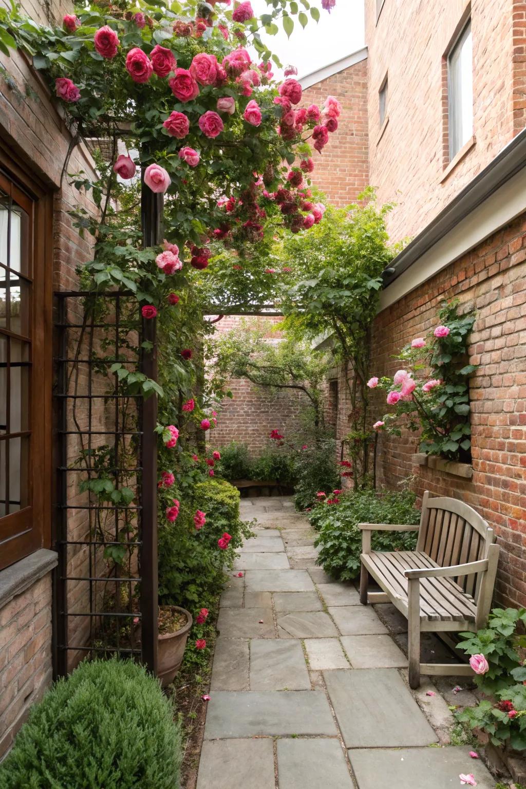 A small courtyard with climbing roses in full bloom on a trellis.