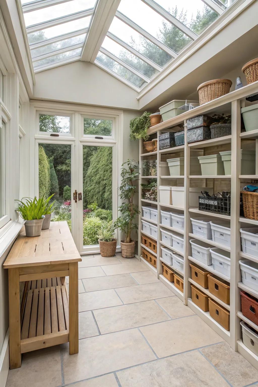 Keep your orangery spacious and inviting with clutter-free organization.