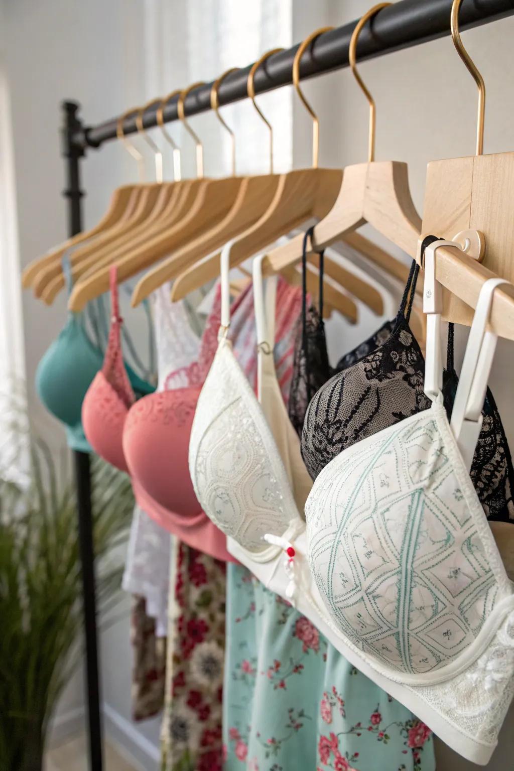 A coat rack offers ample space for organizing a large bra collection.