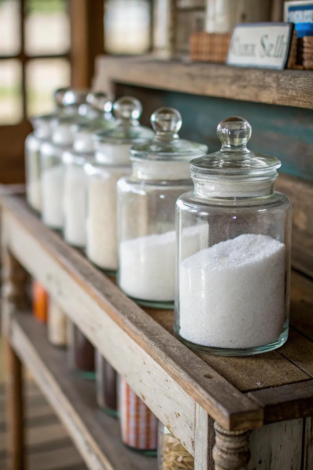 Vintage apothecary jars provide a classic and effective storage solution for Epsom salt