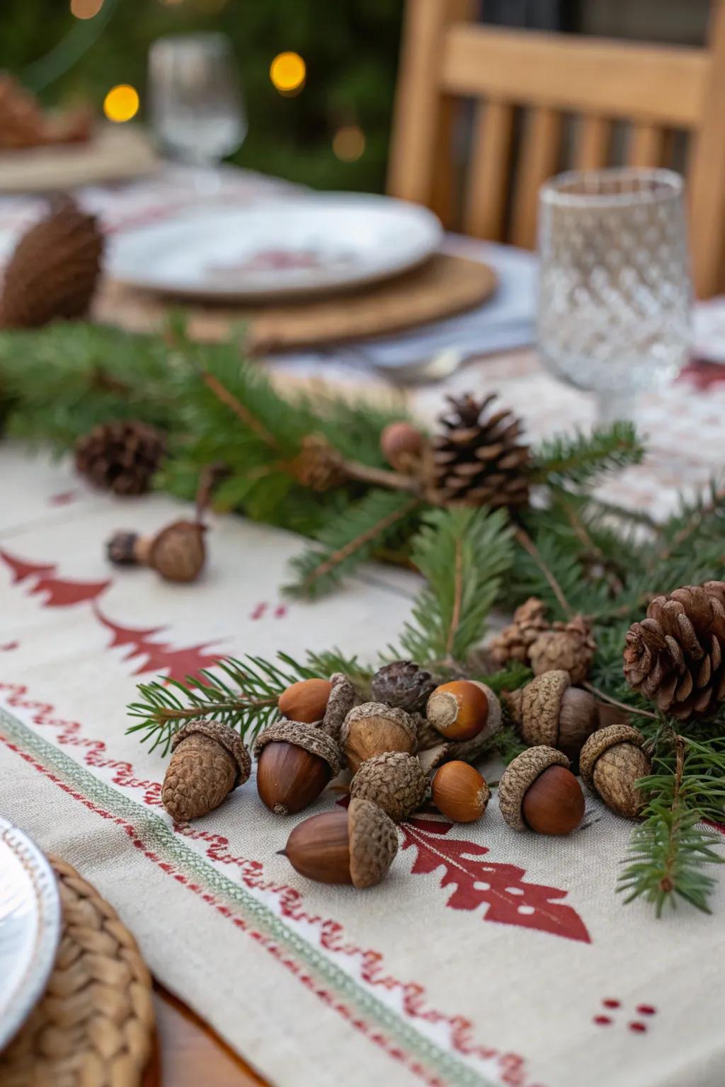 Acorns and natural elements bring an outdoor feel to the festive table.