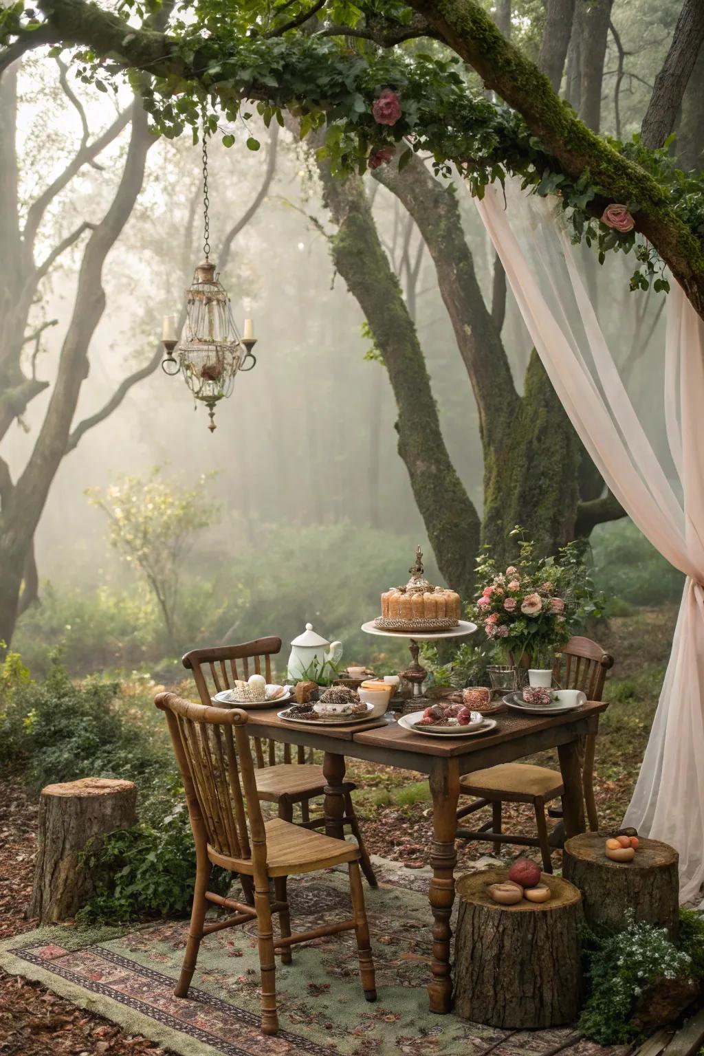 Enchanted forest-themed tea party with mystical decor.