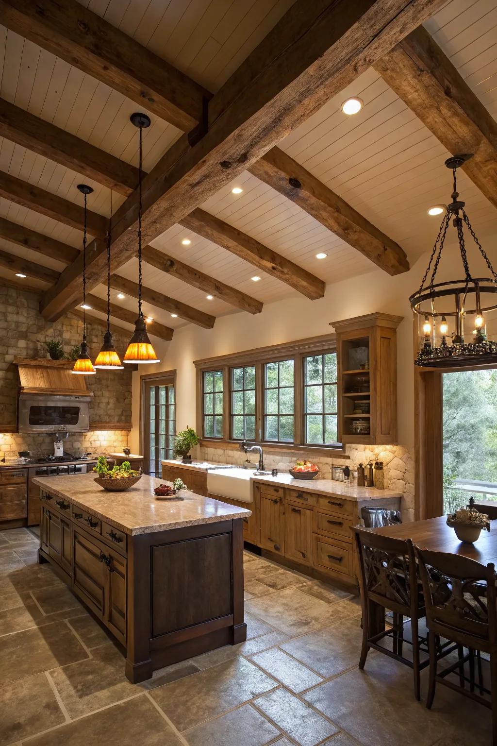 Rustic transitional lights add character to a farmhouse-style kitchen.