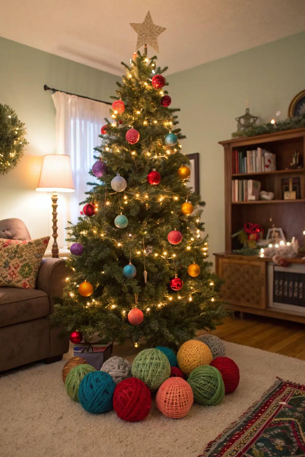 Decorative yarn balls add playful color and texture under your tree.