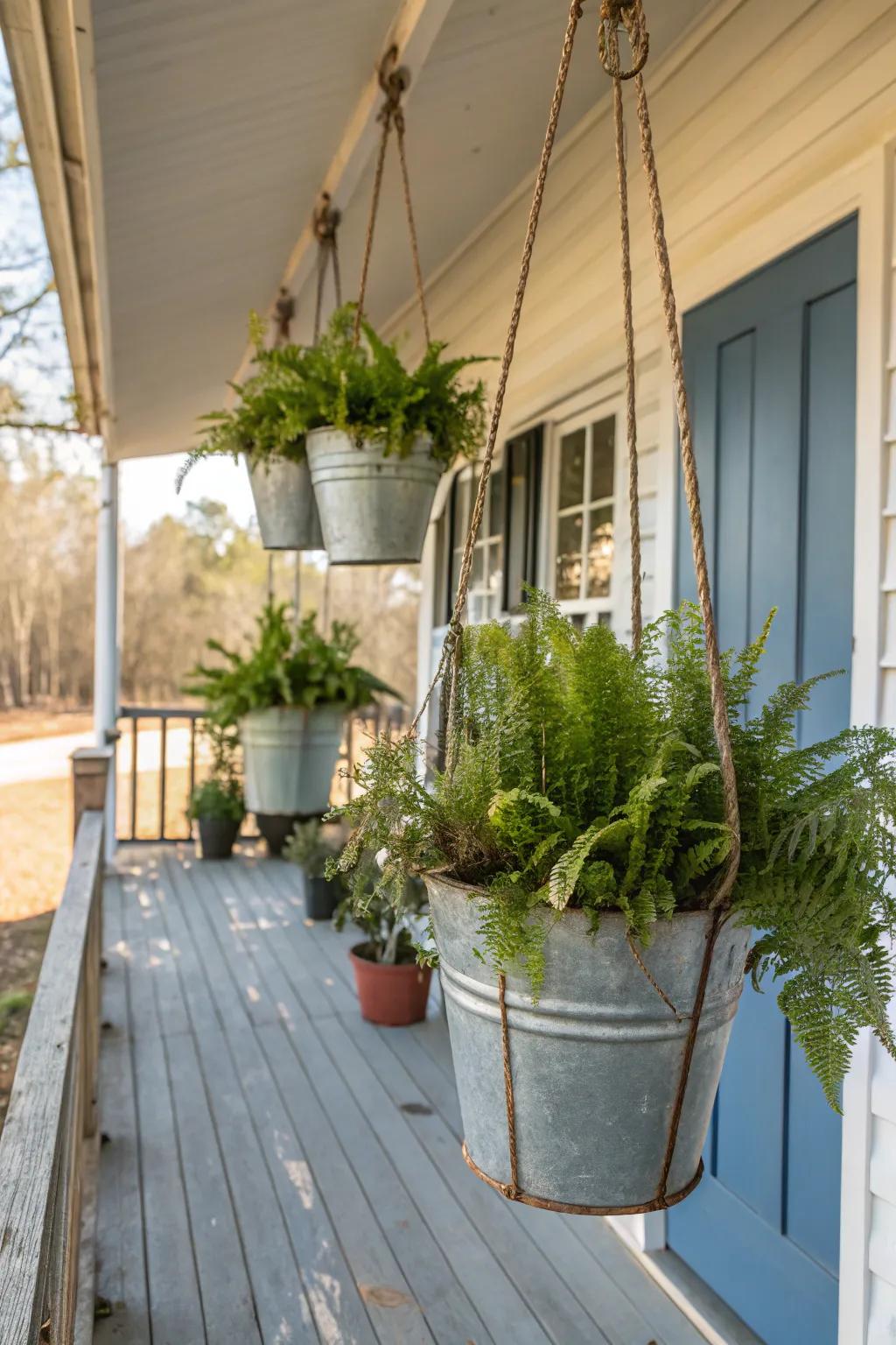 Metal buckets add rustic charm as durable hanging planters.