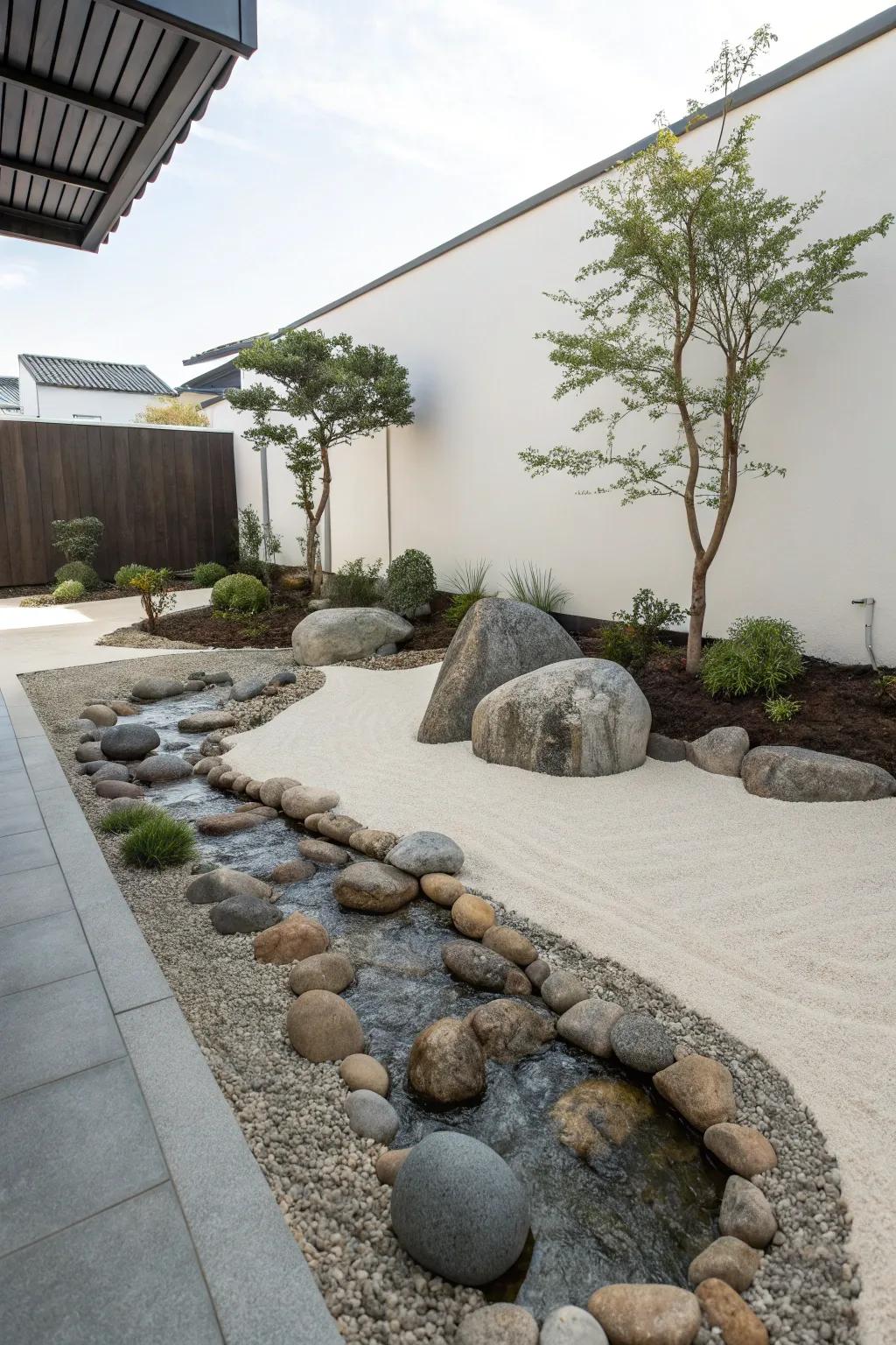 A Zen rock garden with water feature brings peace and serenity.