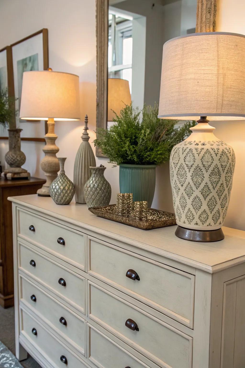 Mixing heights on a dresser adds visual interest and sophistication.