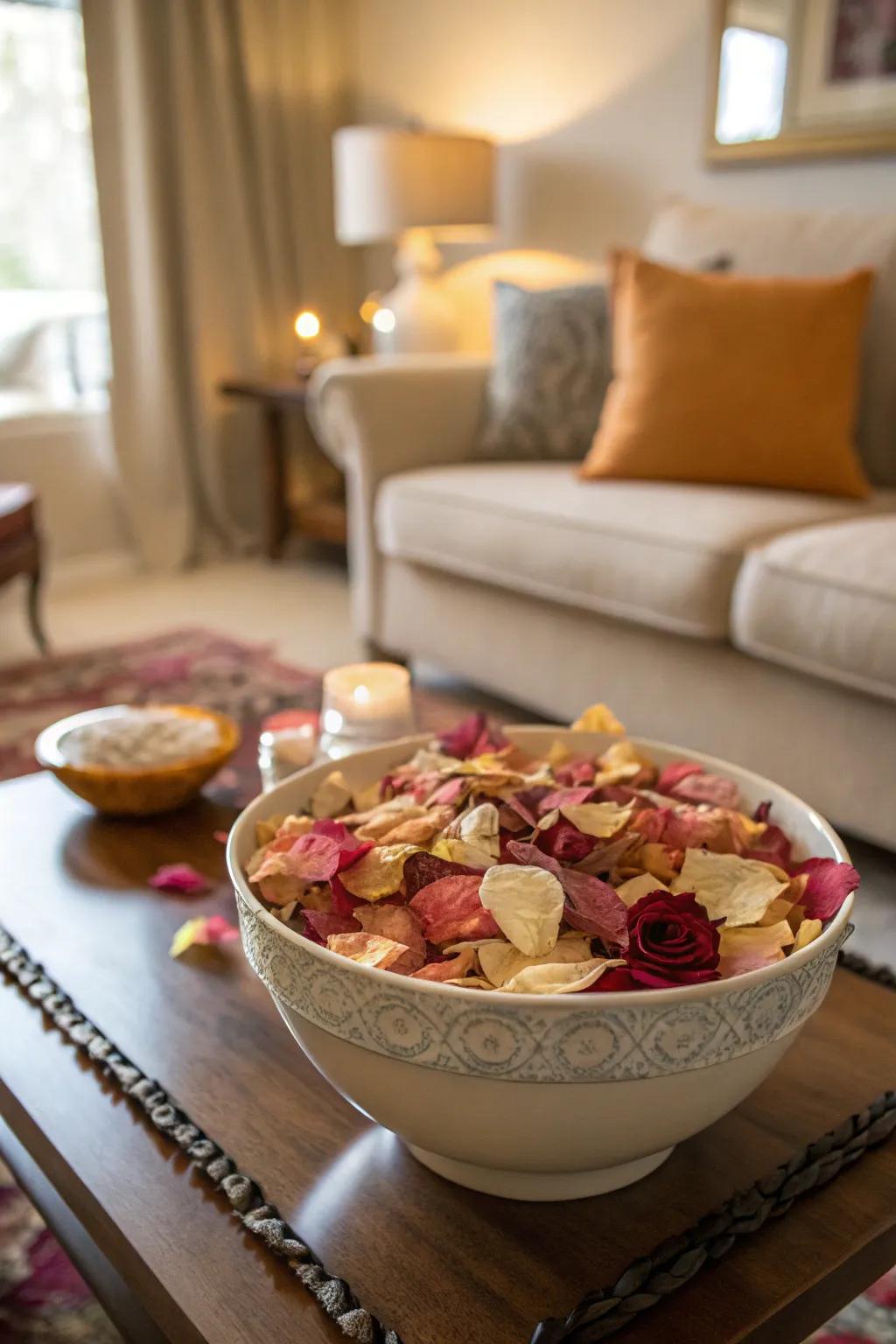 A bowl of potpourri featuring dried petals from a wedding bouquet, adding fragrance to a living room.