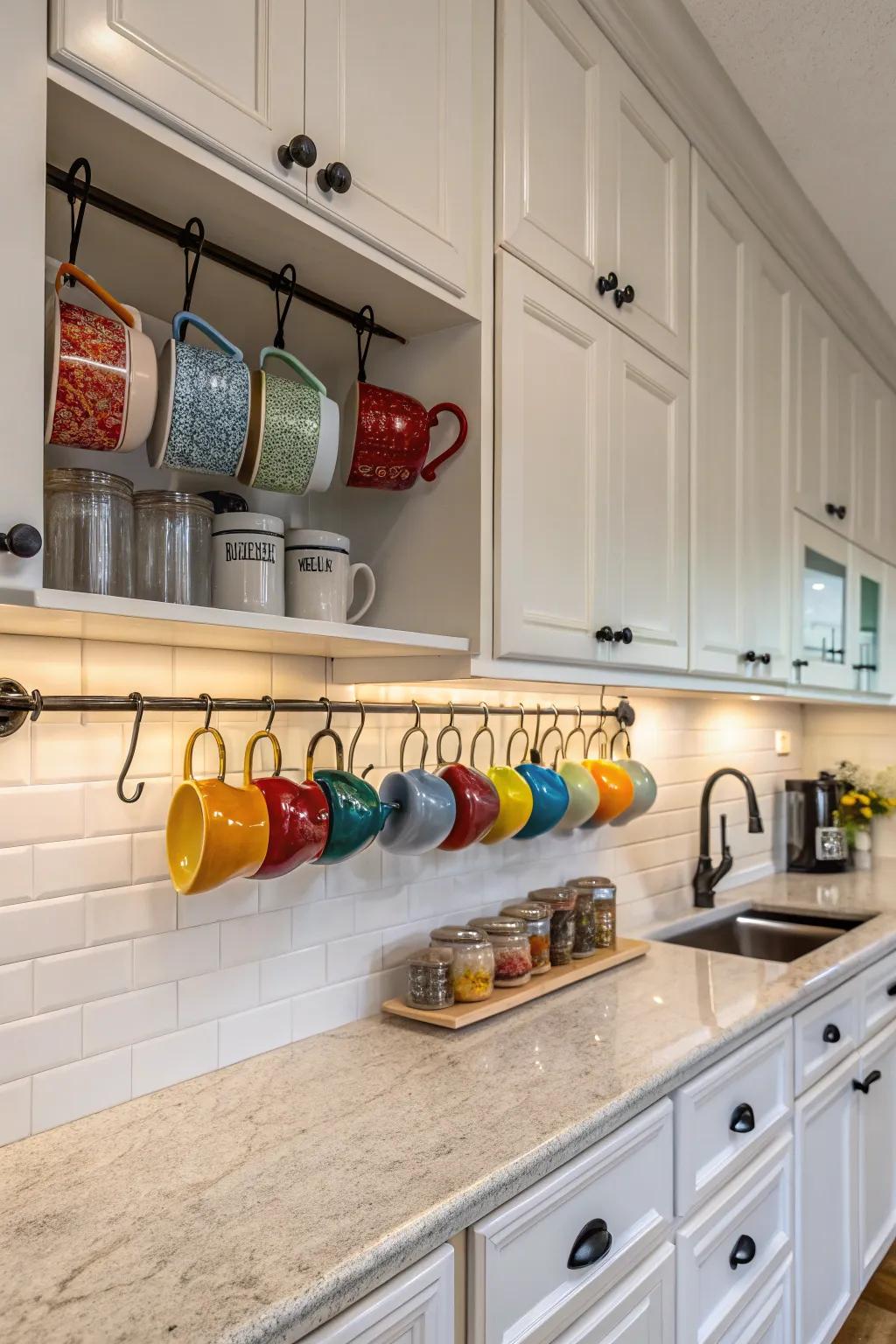 Hanging mugs with hooks adds both function and style.