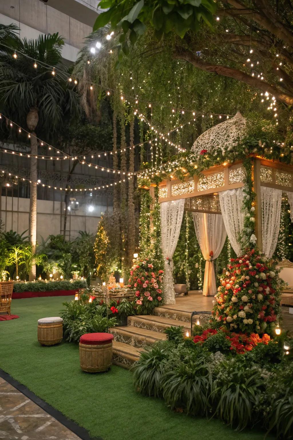 A garden theme creates a whimsical and natural ambiance.