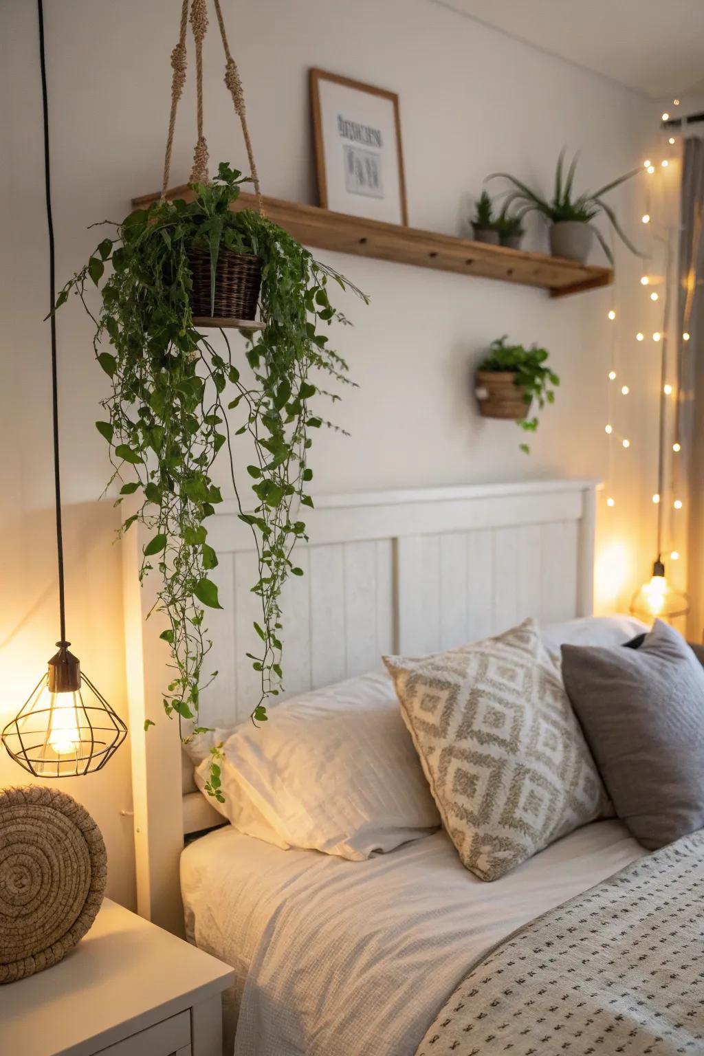 Headboard greenery adds a whimsical and natural touch to your bedroom.