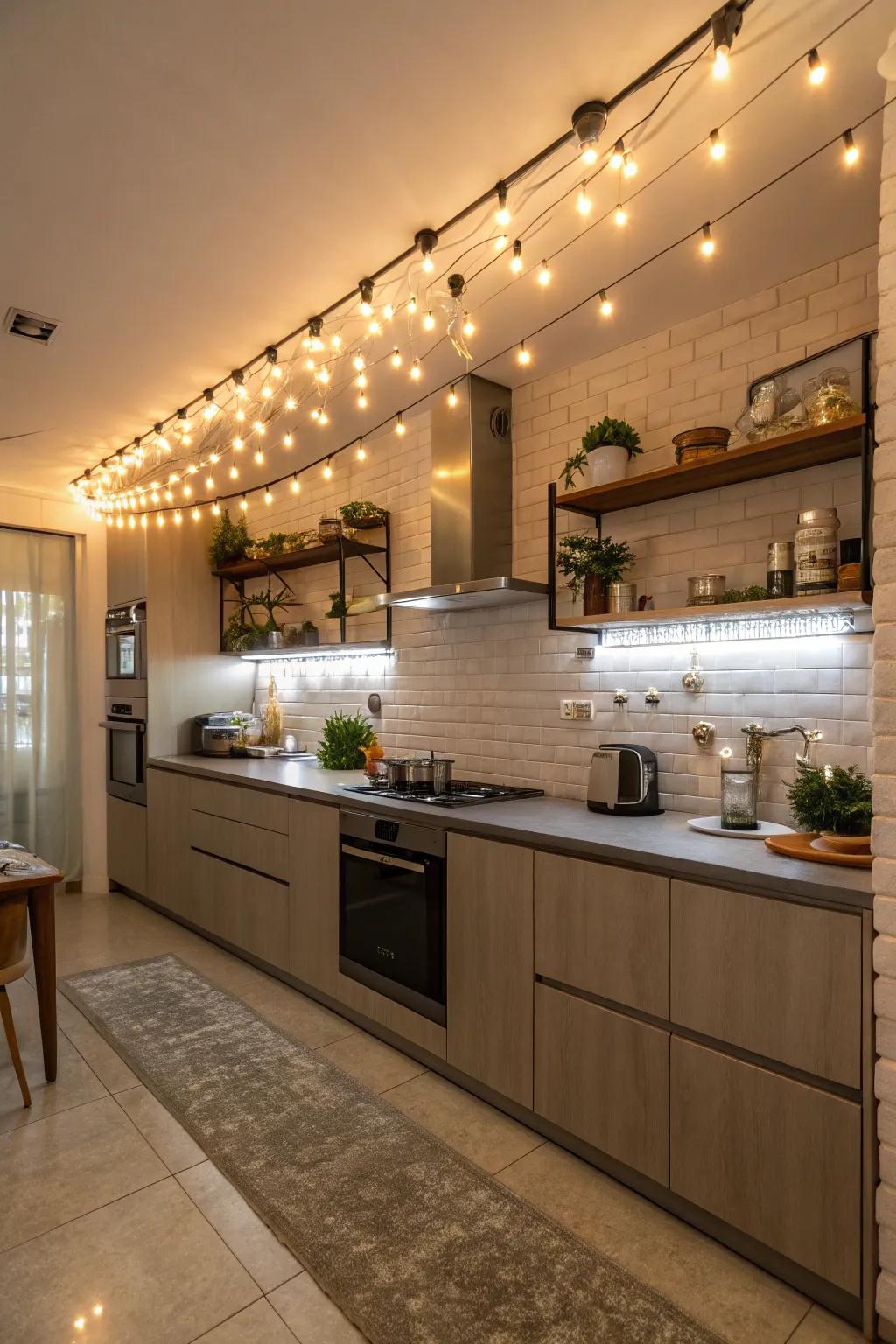 Add flair to your kitchen with strategic string light placement.