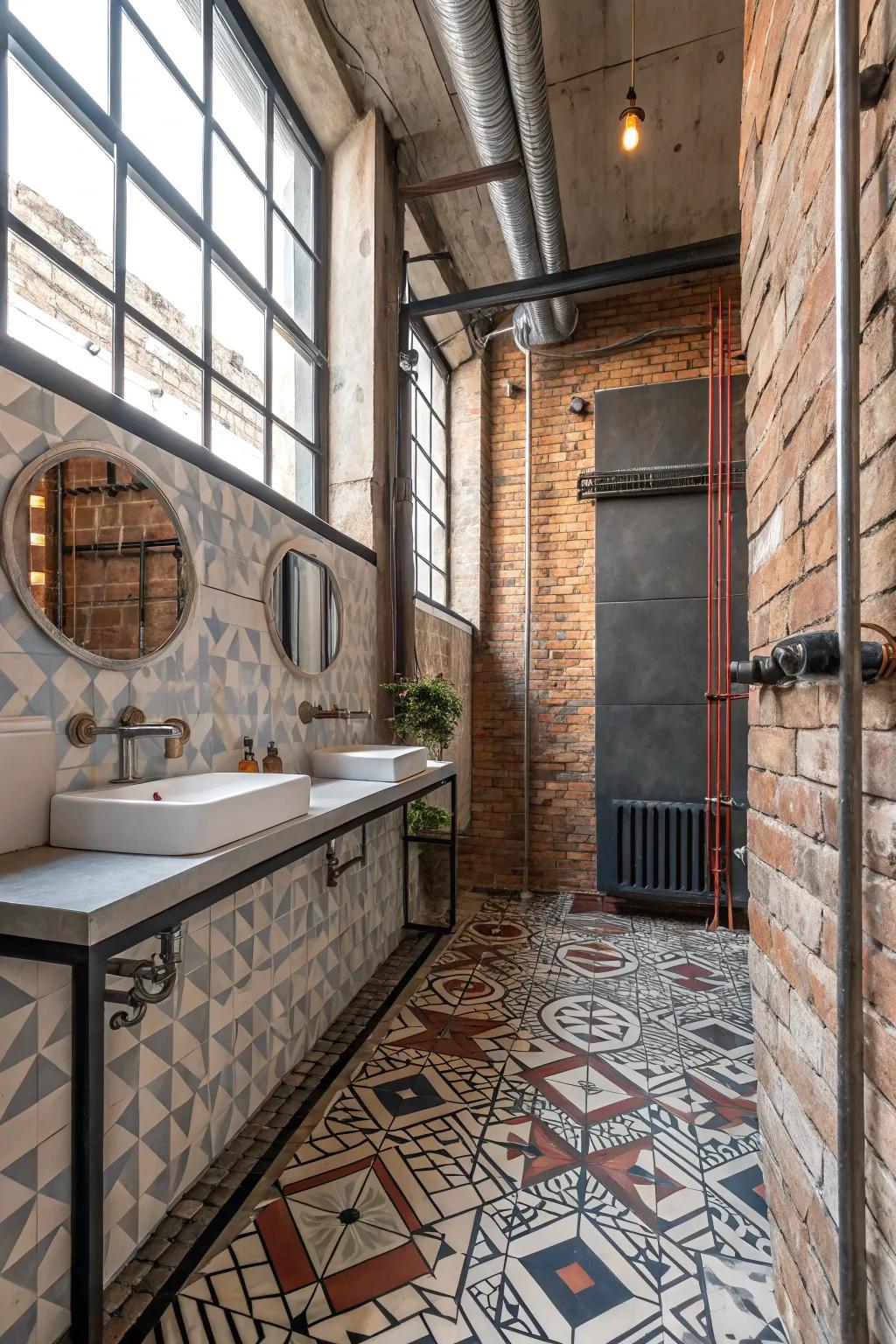 Geometric patterns bring a modern touch to the industrial style.