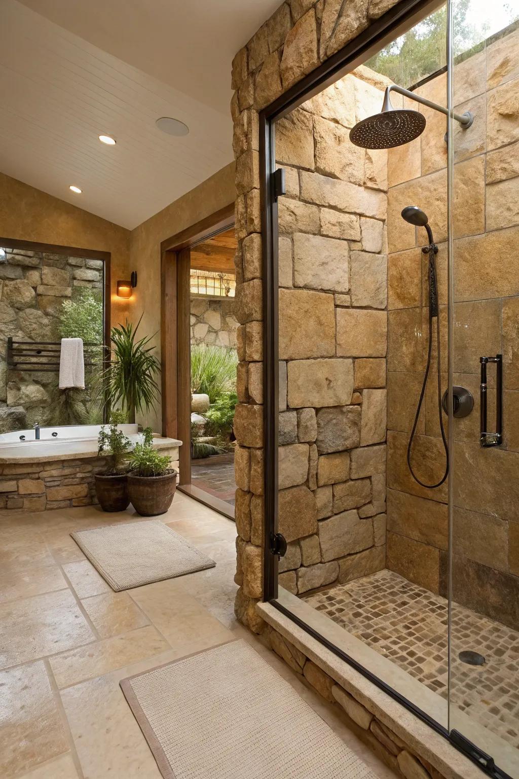 Stone veneer offers a natural and elegant shower wall appearance.