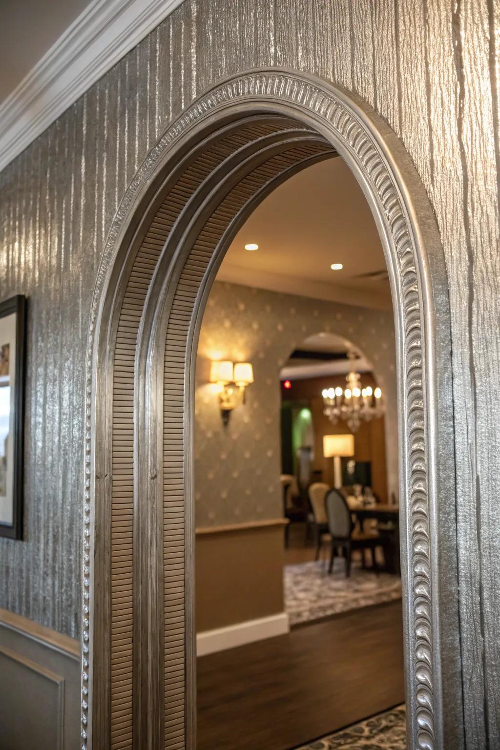 Textured wallpaper adds depth and elegance to this archway.