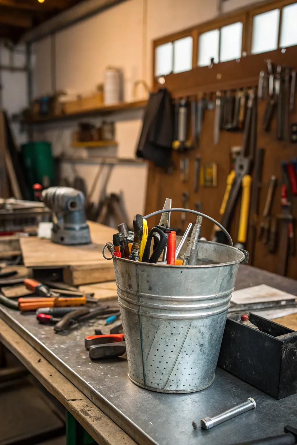 A galvanized bucket offers durable tool storage.