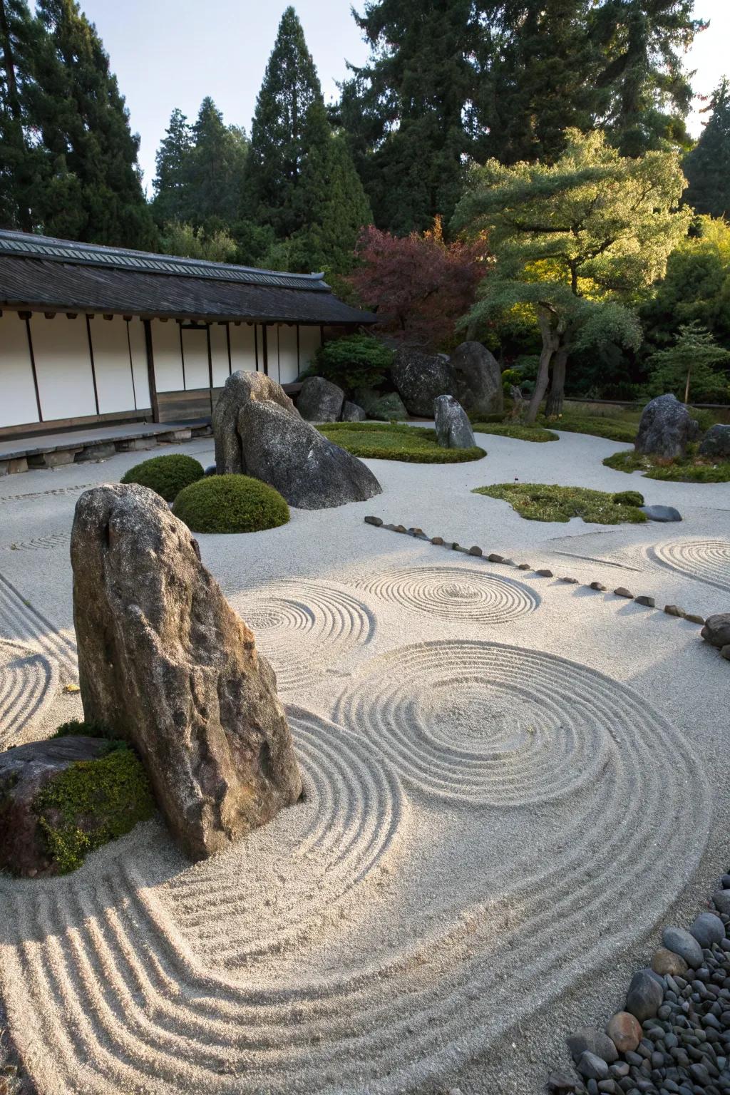 A meditative sand garden with intricate raked patterns.