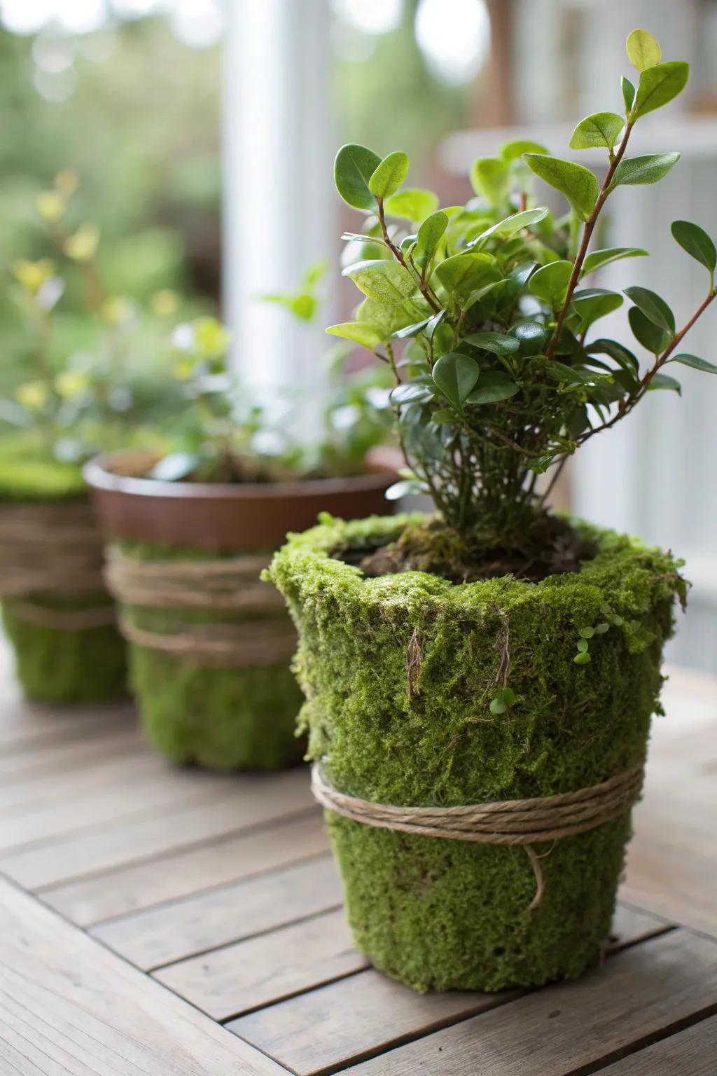 Rustic plant pots adorned with java moss, adding charm to a garden setting.