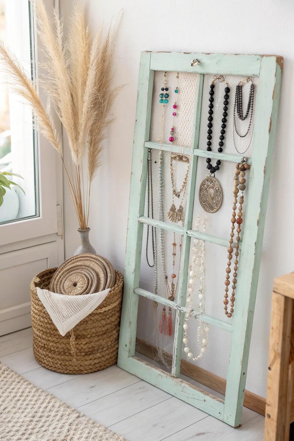 Transform old window frames into charming jewelry displays for a touch of minimalist elegance.
