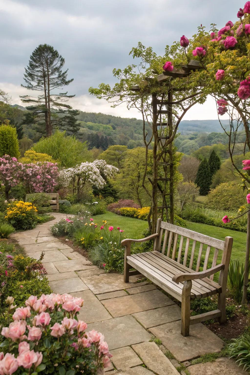 A garden bench creates a peaceful outdoor retreat.