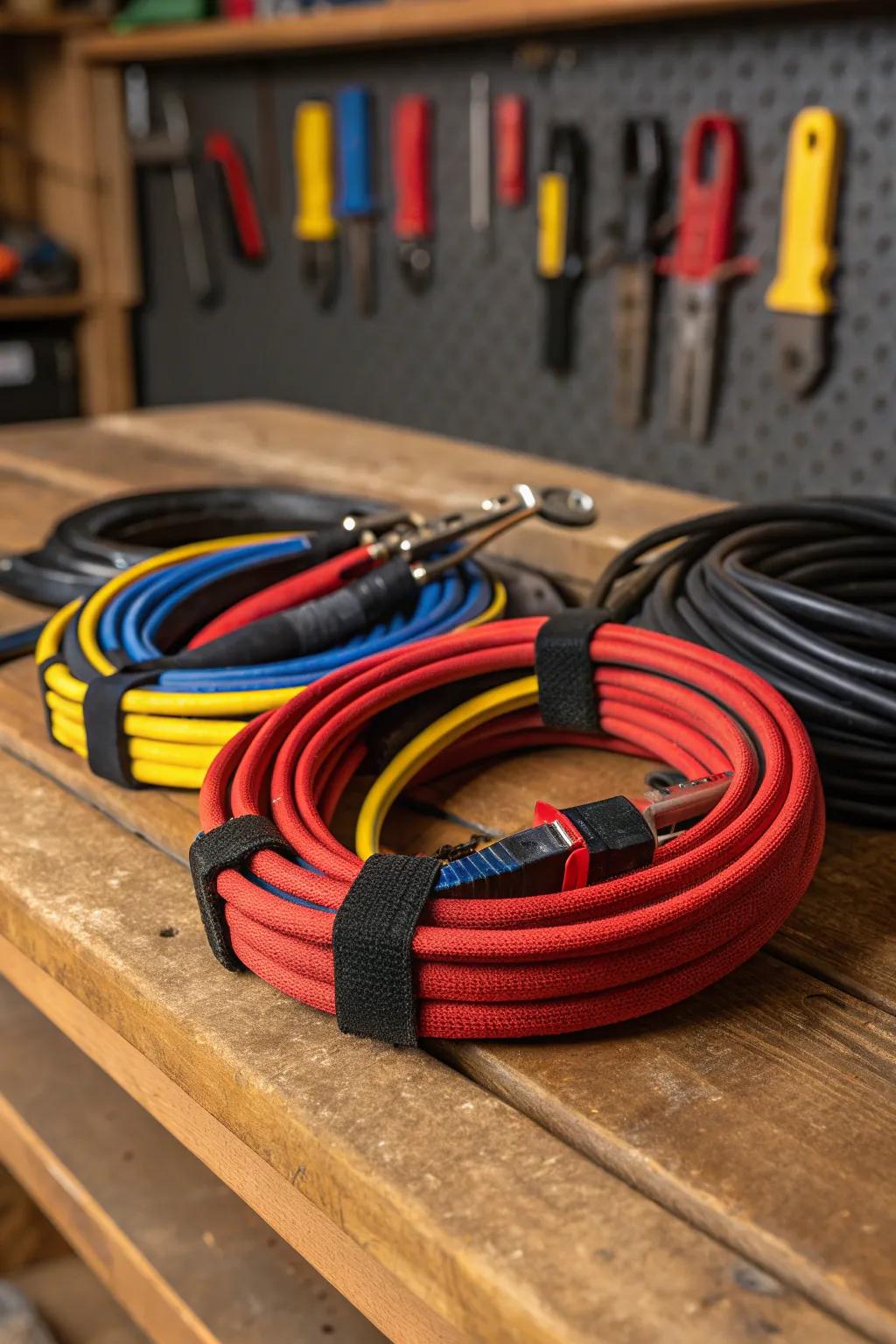 Transform chaos into order with colorful velcro wraps - the ultimate solution for neatly storing your jumper cables!