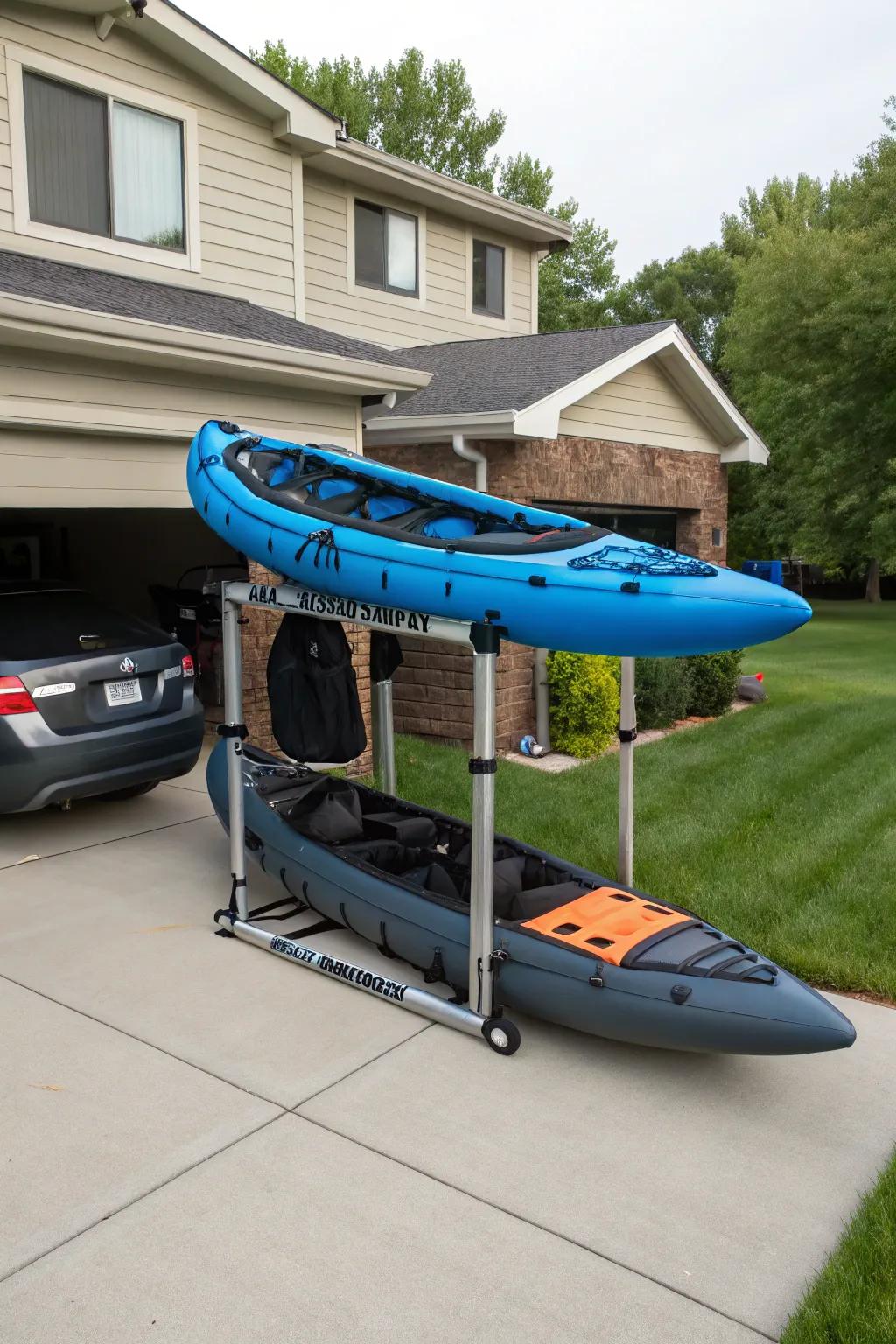 Portable inflatable kayak rack ready for adventure.