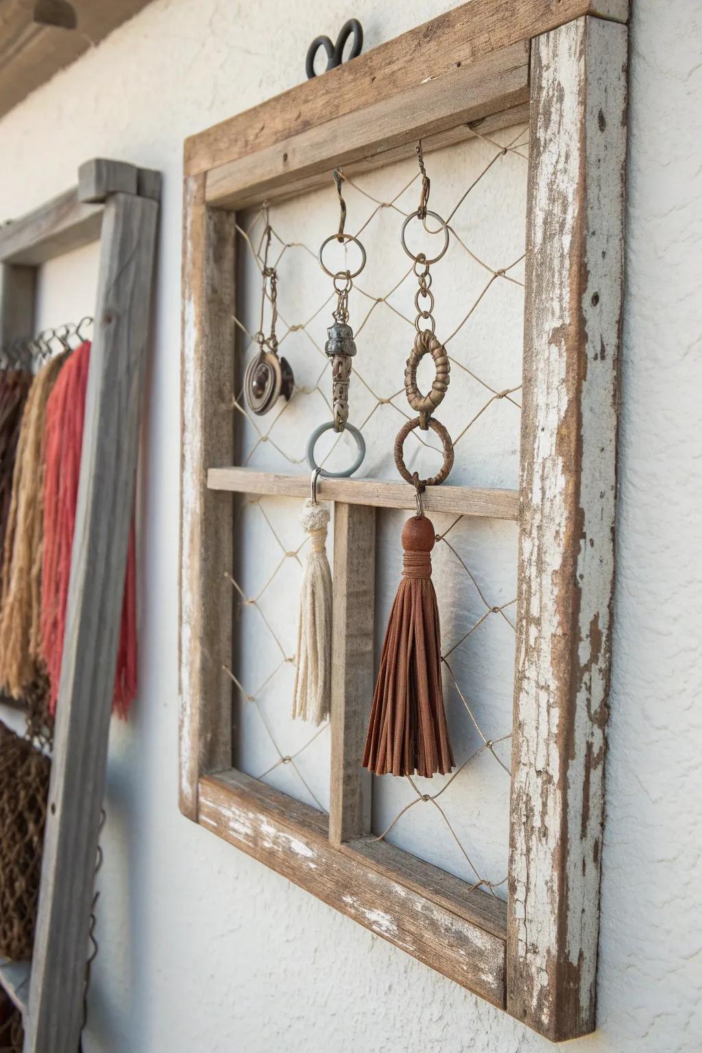 Transform vintage charm into a stylish keychain display with a repurposed window frame. #UpcycleElegance