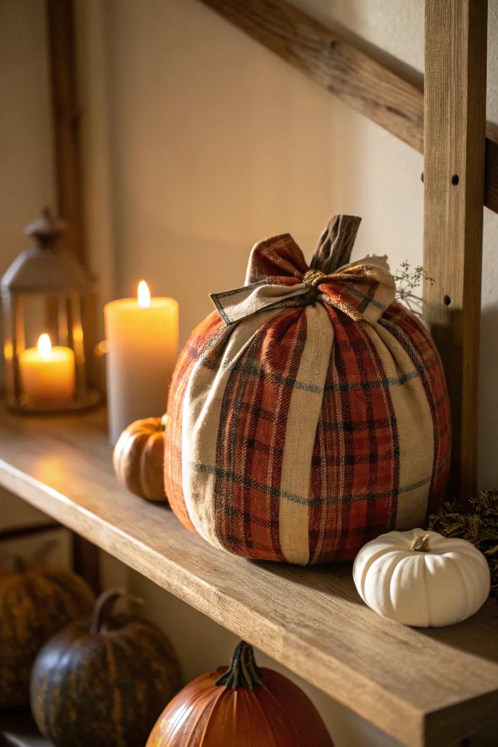 Fabric wrapping gives this pumpkin a charming, cozy feel.