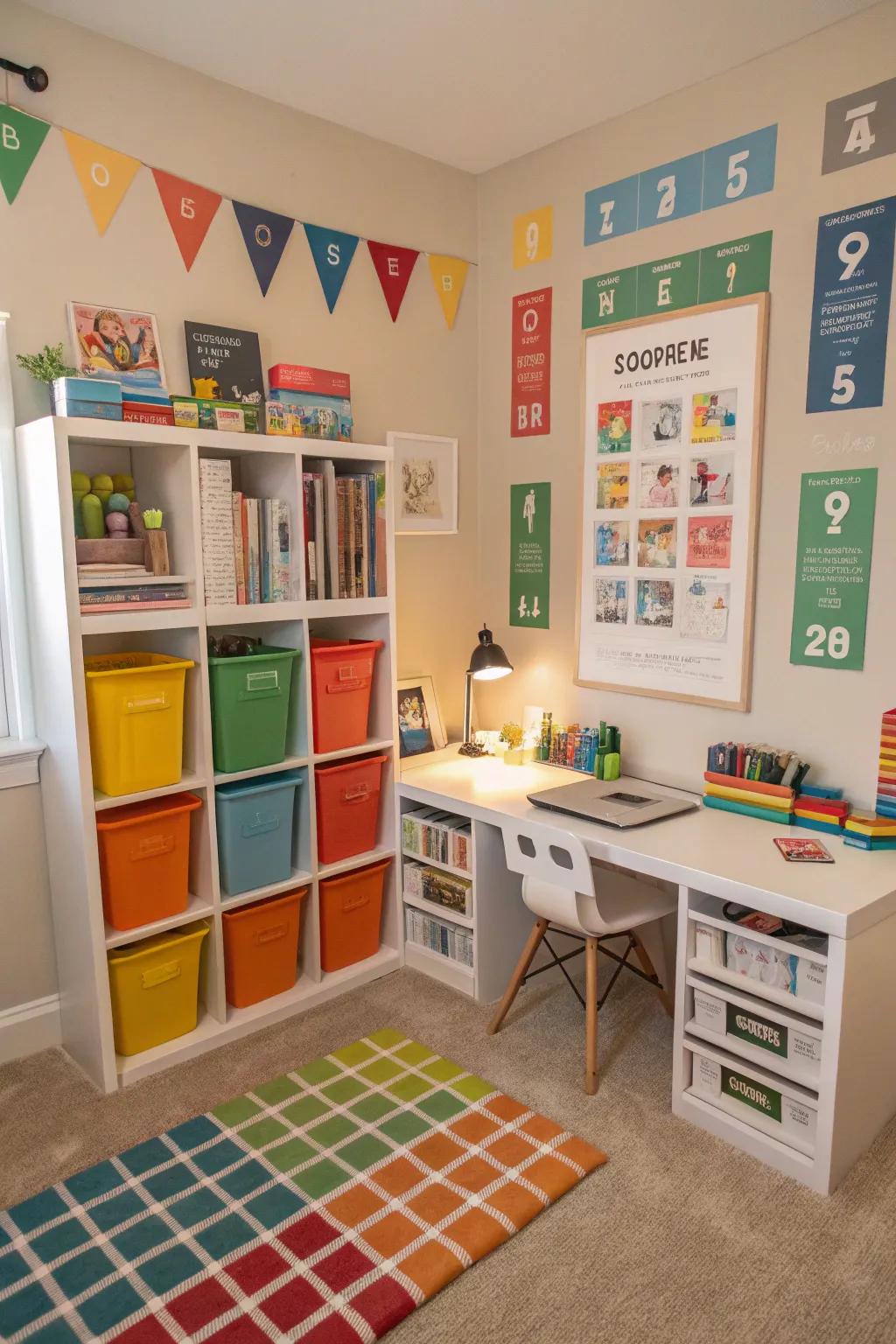 A well-organized bedroom with color-coded zones for various activities.