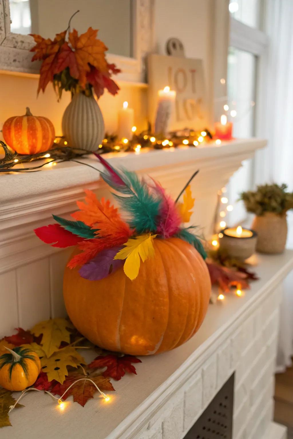 A feather-adorned pumpkin, bringing a touch of whimsy to the home.