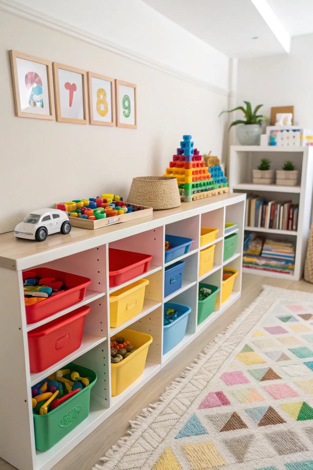 Toy rotation bins keep playtime fresh and organized.