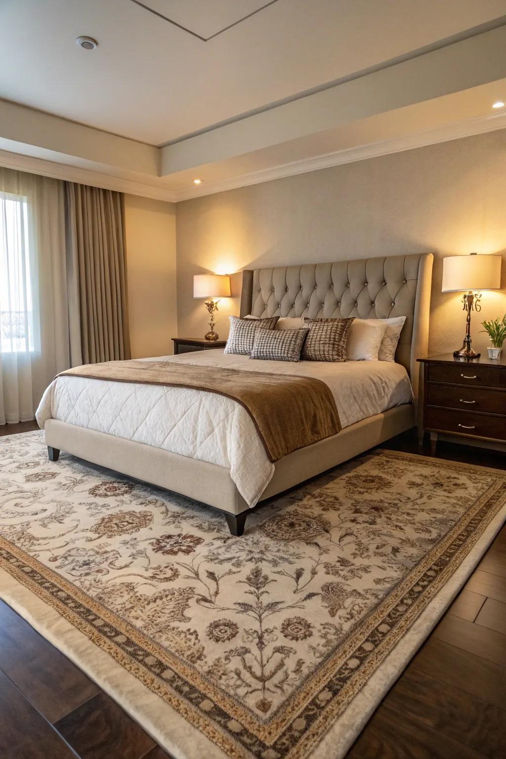 An area rug anchors this king bed, adding warmth and cohesion.