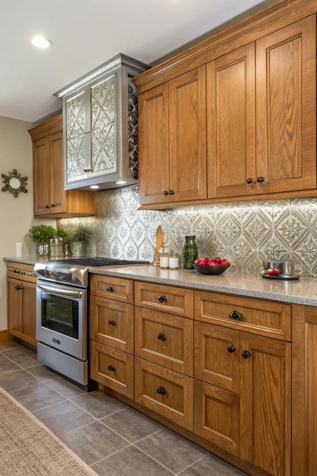 Tin tiles adding a vintage touch to the kitchen design.