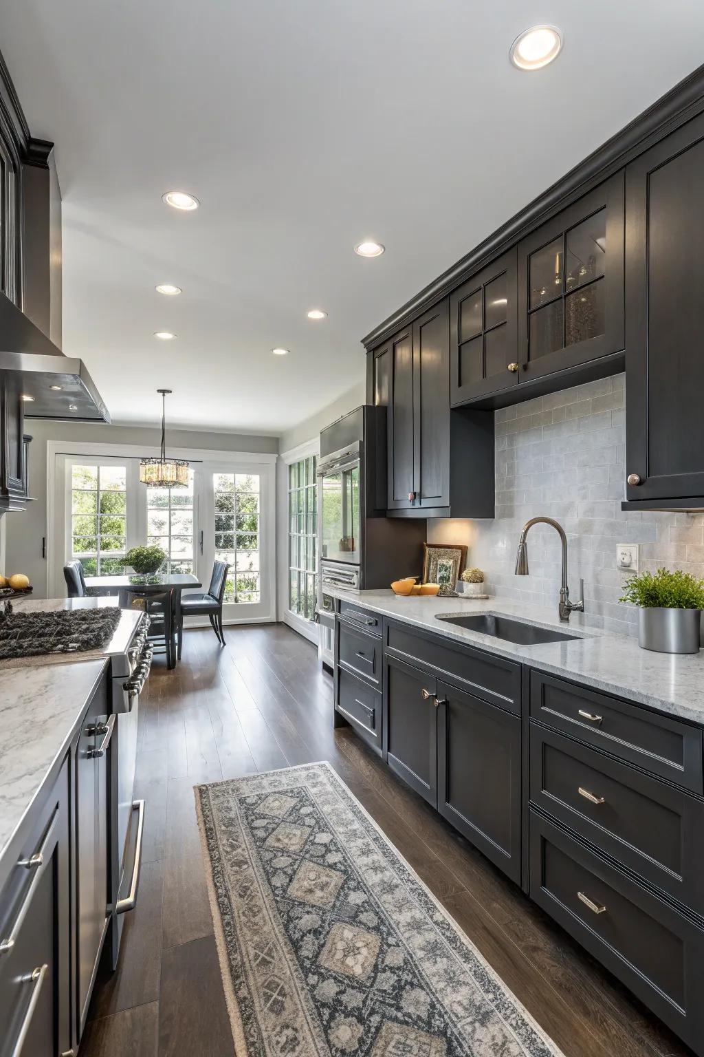 Sophisticated charcoal cabinets create a sleek and modern look.