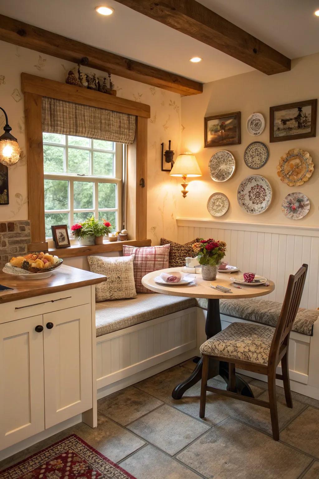 A breakfast nook adds charm and a cozy dining spot to the kitchen.