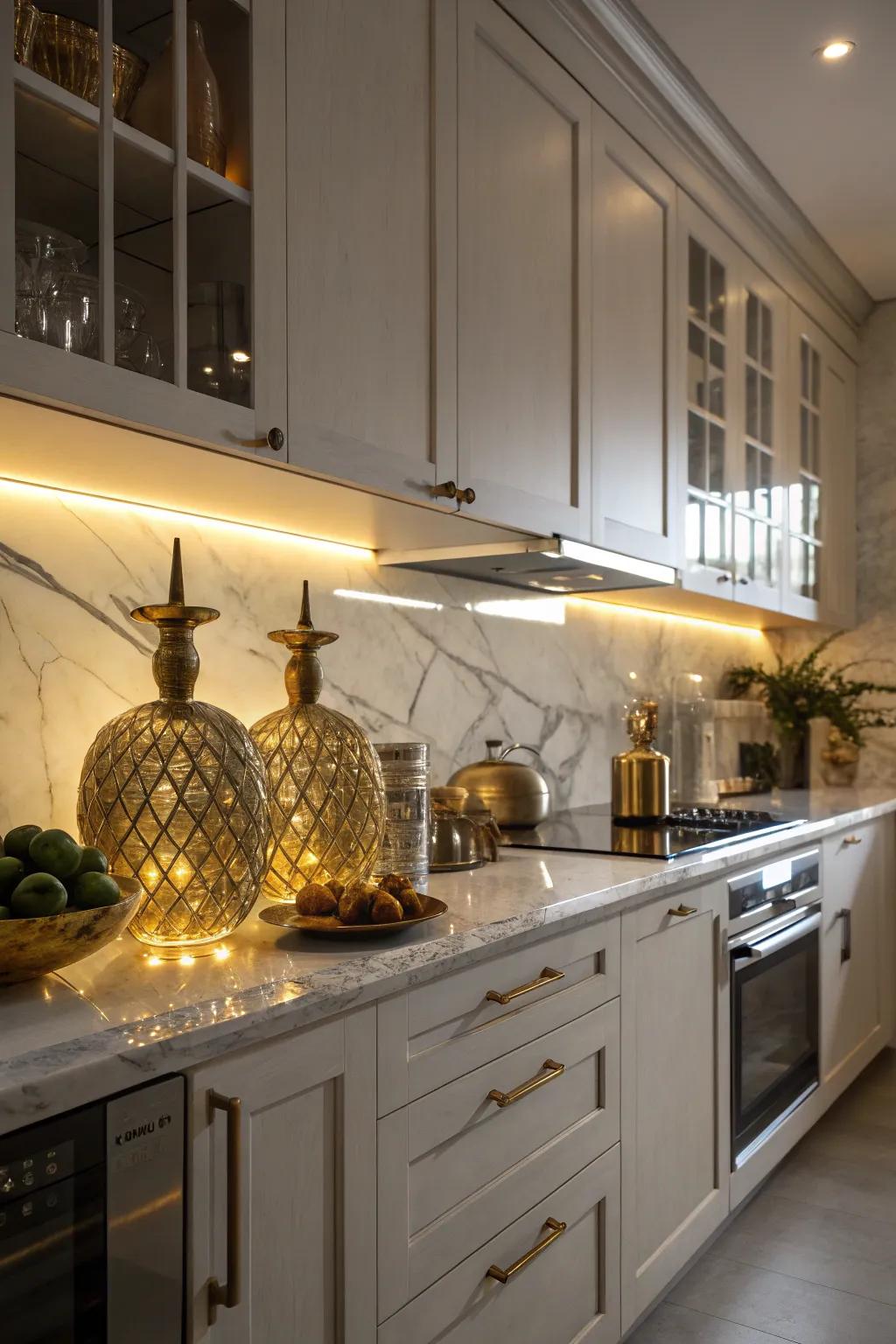 Spotlights add a dramatic touch to kitchen décor.