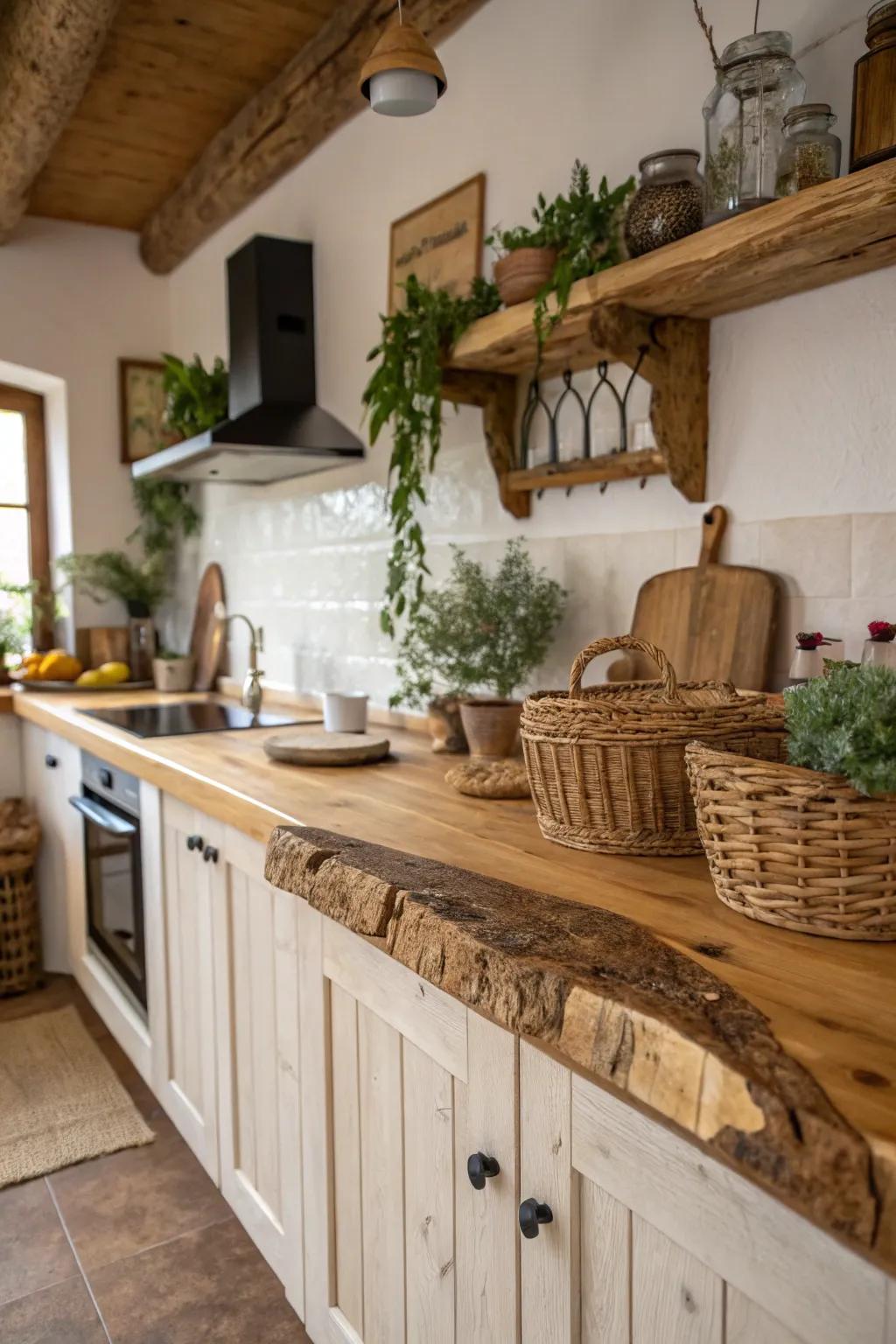 Live-edge wood countertops offer a natural, organic look with unique charm.