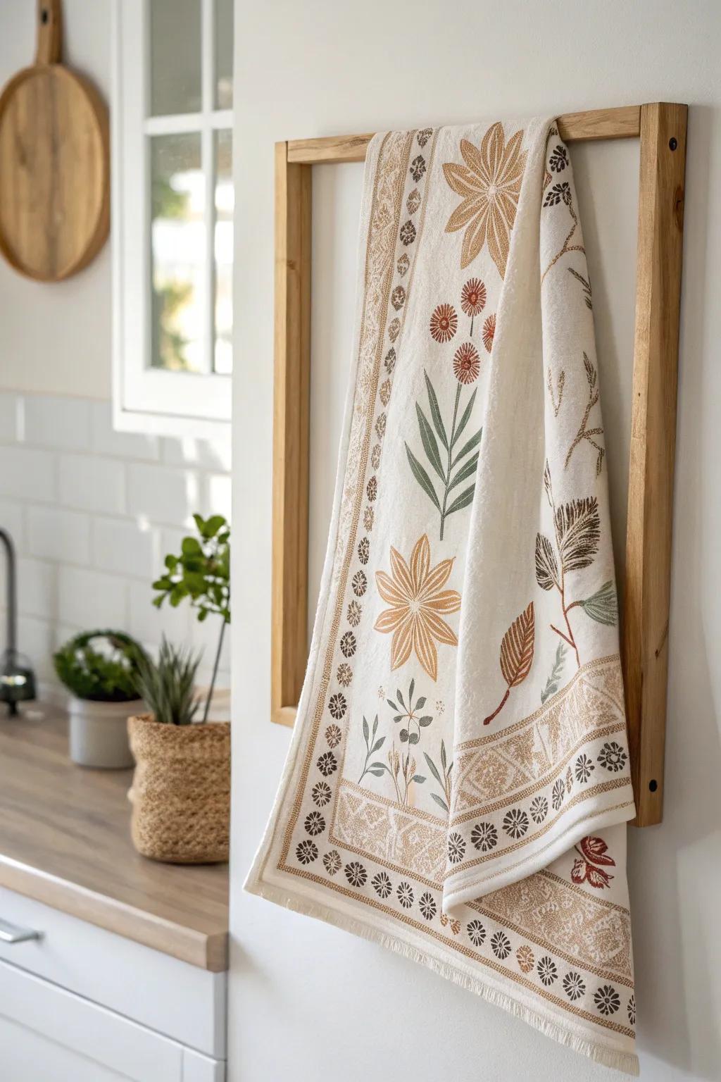 Elevate your kitchen decor with framed tea towel art—where simplicity meets natural elegance.