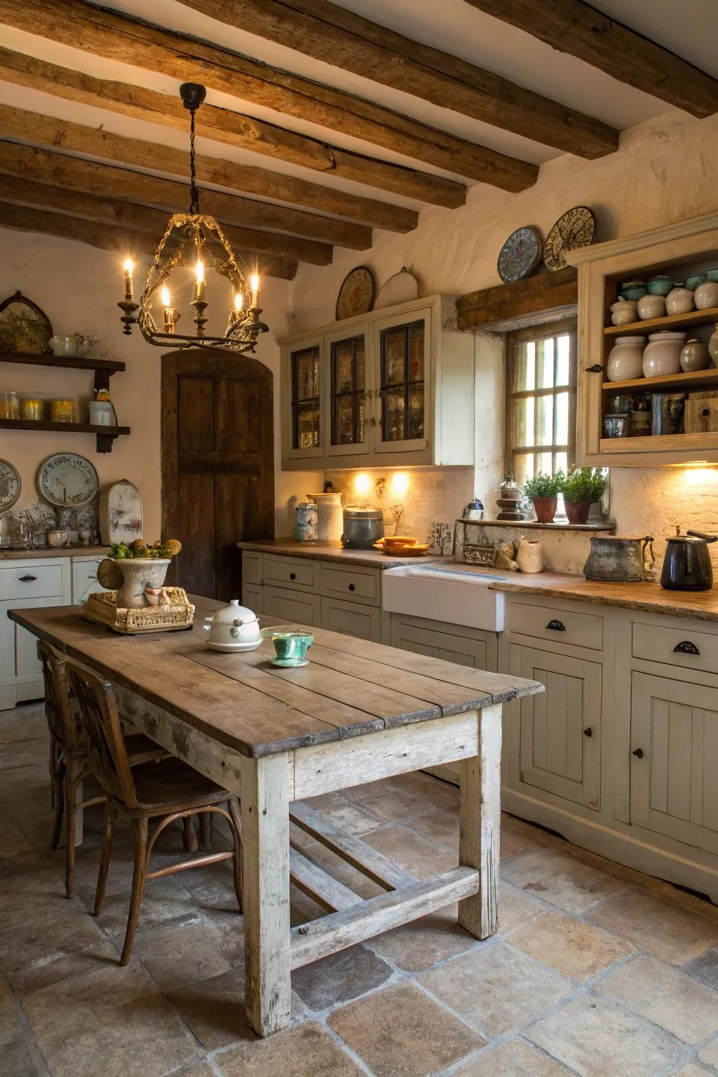 A rustic farm table that adds warmth and charm to the kitchen.