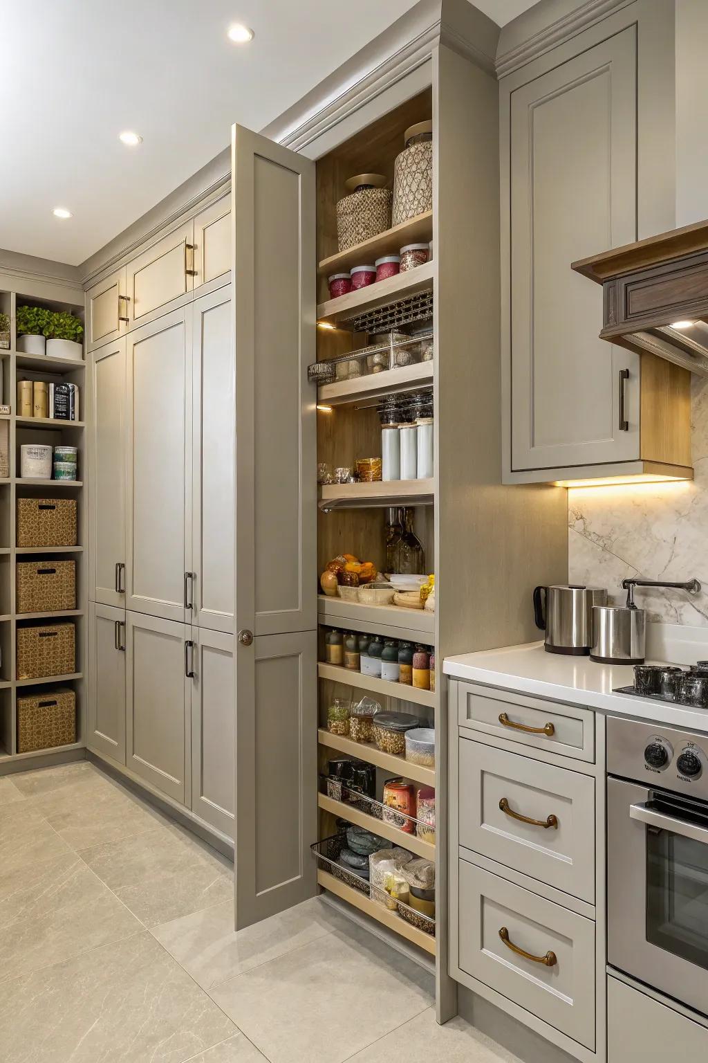 Vertical storage optimizes space and enhances kitchen height.