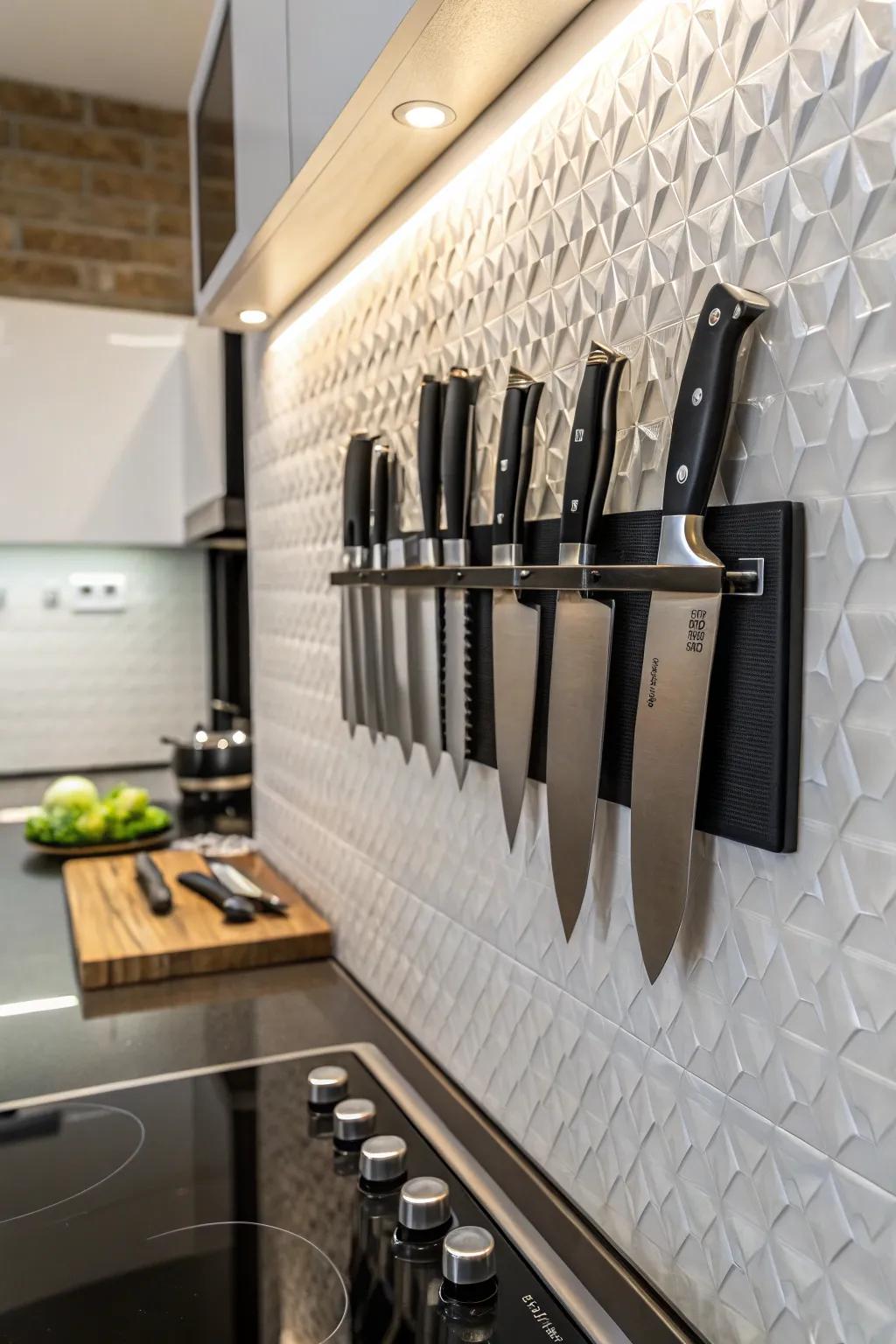 Magnetic knife racks provide stylish and practical storage.