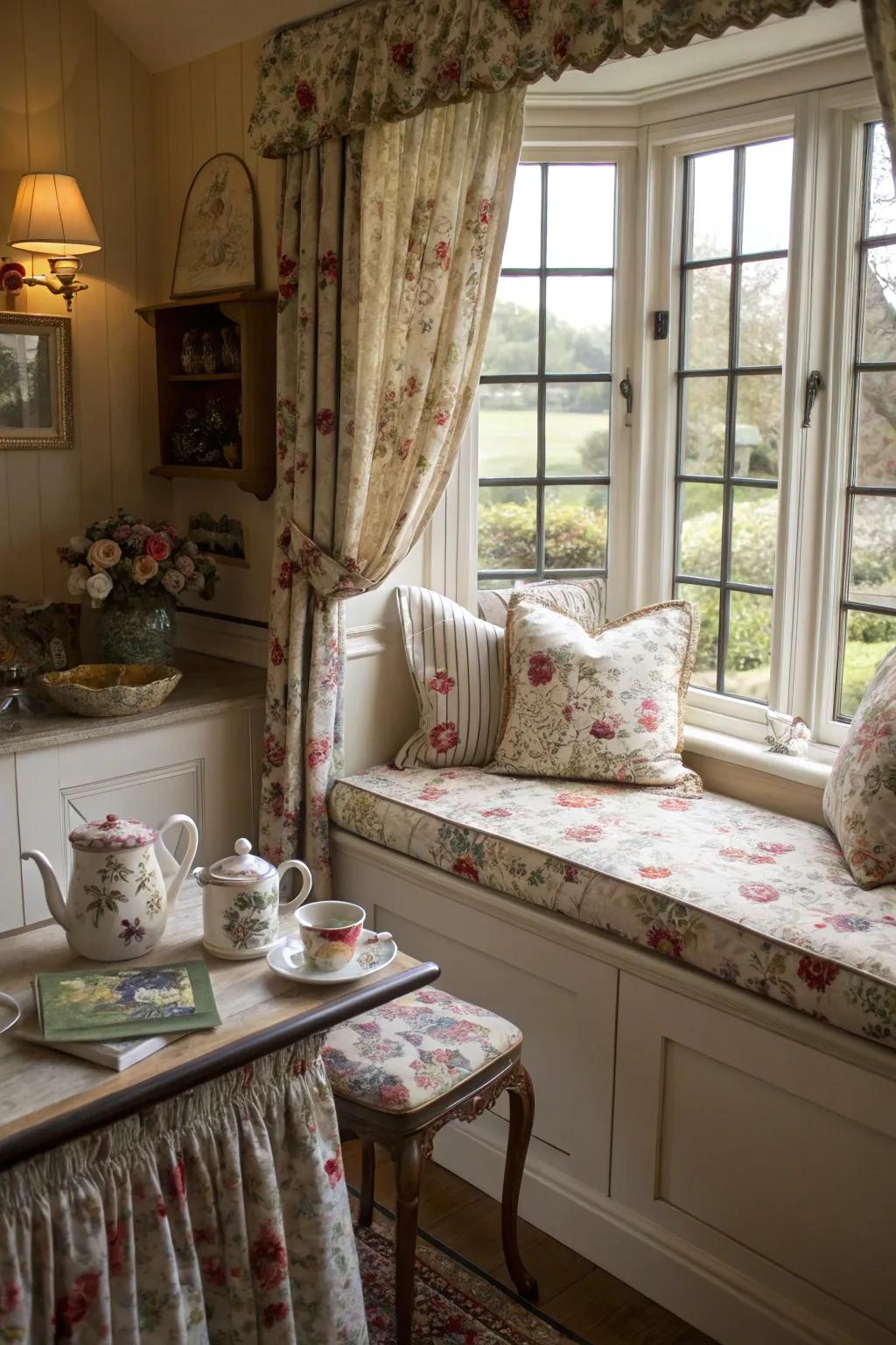 A vintage-inspired window seat with floral and plaid fabrics.